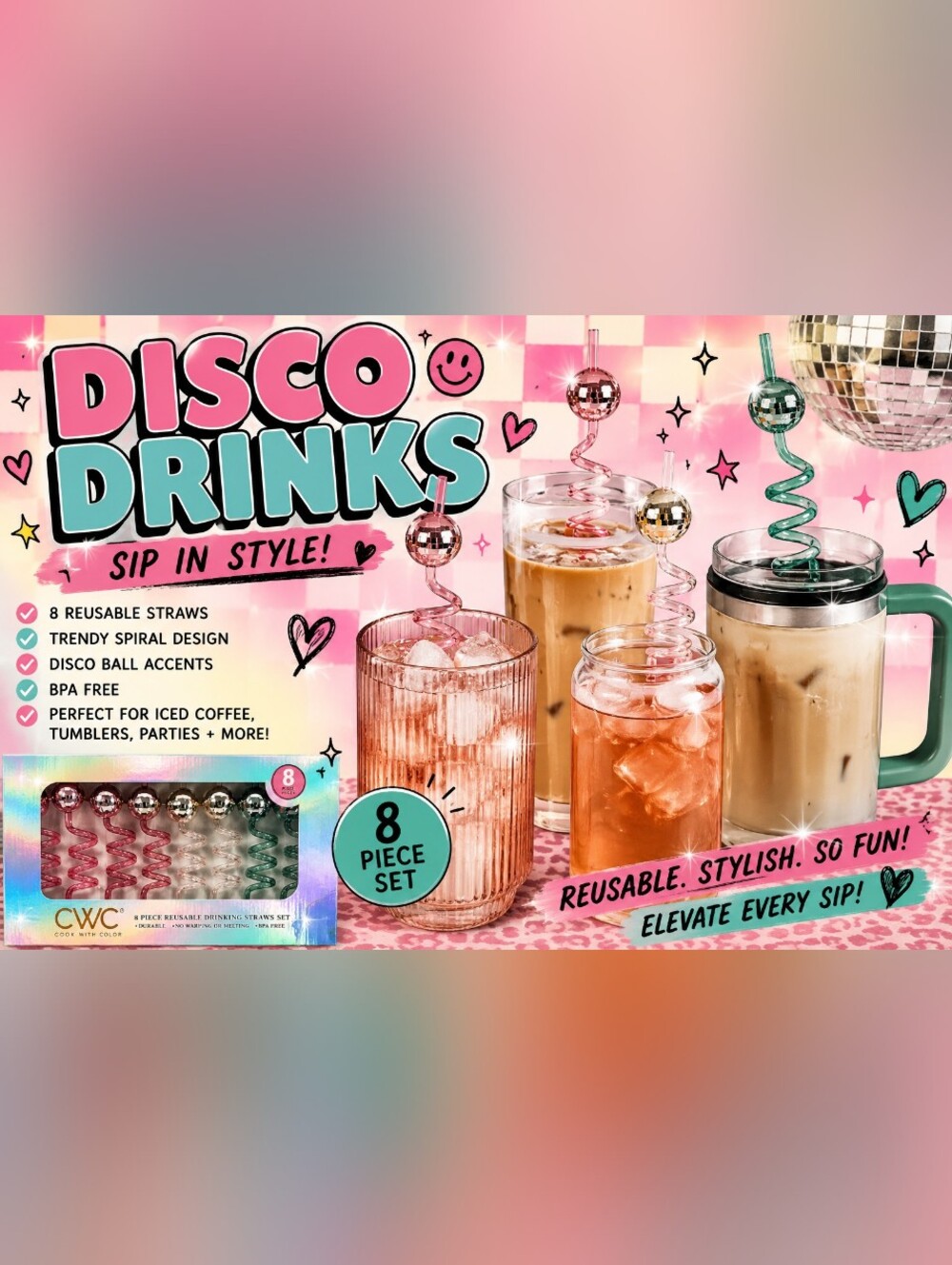 Cook with Color 8 Piece Pink + Blue Disco Ball BPA Free Swirly Plastic Straw Set